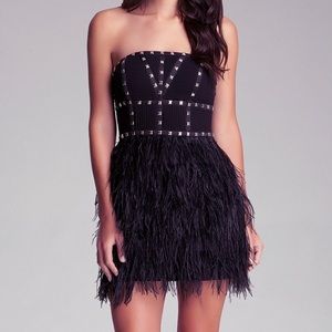 Women's Black Strapless Studded Feather Dress xxs